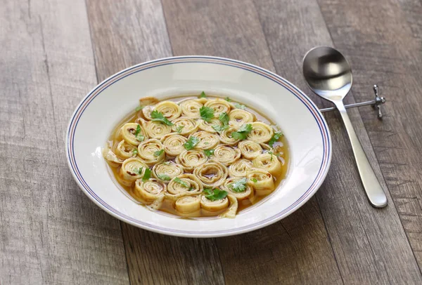 Austrian and south germany sliced pancake soup, frittatensuppe, pfannkuchensuppe — Stock Image Austrian South Germany Sliced Pancake Soup Frittatensuppe Pfannkuchensuppe Stock Image