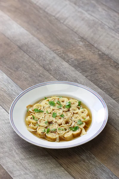 Austrian and south germany sliced pancake soup, frittatensuppe, pfannkuchensuppe — Stock Image Austrian South Germany Sliced Pancake Soup Frittatensuppe Pfannkuchensuppe Royalty Free Stock Photos