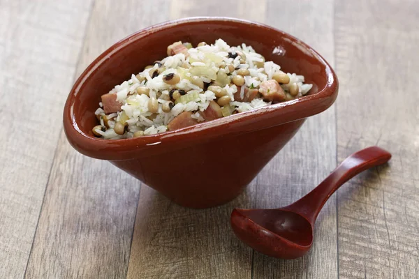 Hoppin John Neujahr Traditionelles Essen Erbsen Und Reis Mit Schwarzen — Stockfoto