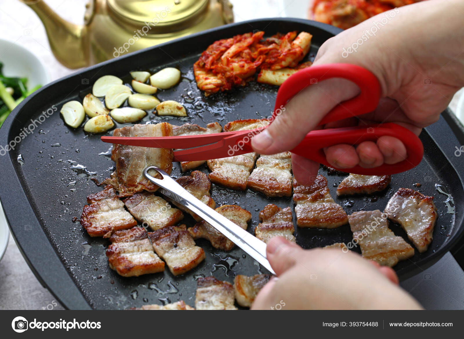 Cooked Samgyeopsal Grilled Pork Belly Bbq Being Cut Scissors Korean Stock  Photo by ©asimojet 393754488