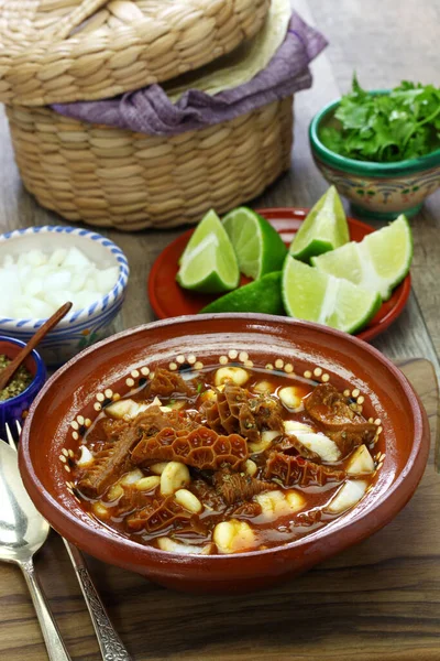 Menudo Rojo Traditional Mexican Soup Made Honeycomb Tripe Hominy Broth — Stock Photo, Image