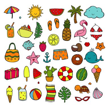 Beach, tatil ve eğlence kavramı. Yaz simgesi nesneler. Elle çizilmiş doodle stil simgeler kümesi. Hazır çıkartmalar yazdırmak. Vektör çizim. Yaz zamanı.
