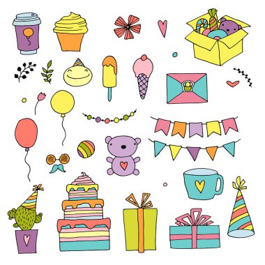 İyi ki doğdun renk kümesi doodle. El vektör çizim çekilmiş. Gün ev tatil Doğum. Beyaz arka plan üzerinde web tasarımınız için.