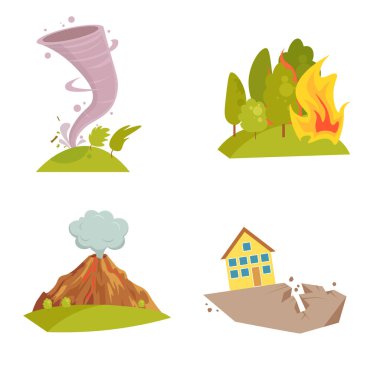 Doğal Tufan Icons set. Tsunami dalgası, kasırga girdap, alev göktaşı, volkan Erüpsiyonu, kum fırtınası, deglaciation, fırtına. Karikatür tarzı renk simgesi. Beyaz arka plan üzerinde izole vektör çizim.