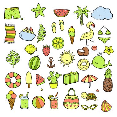 Elle çizilmiş yaz Icons set. Doodle simge stil. Tropikal, oryantal yaz vacantion.