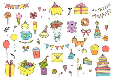 Elle çizilmiş Doodle vektör kutlu olsun Set.