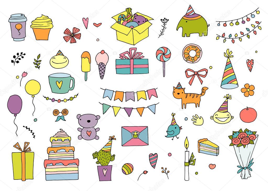 Set of doodles birthday design elements. Hand-drawn garlands and balloons, music notes, gift boxes, party blowouts, cakes and candies, birthday pie, party hats and other objects.