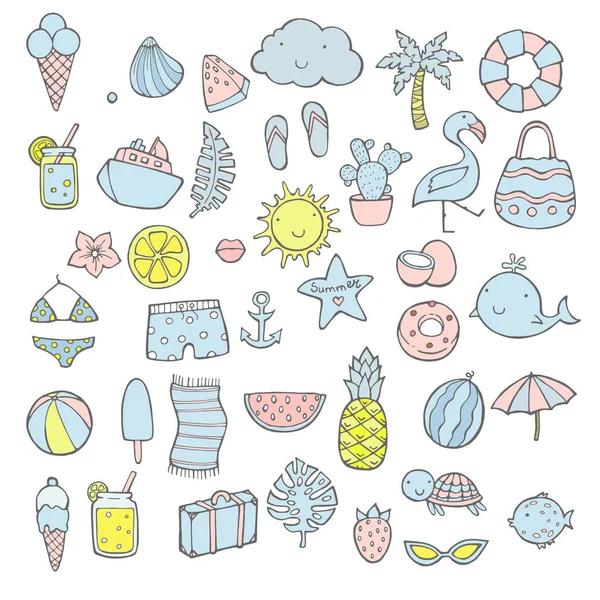 Zomer set, met de hand getekende elementen, kalligrafie, bloemen, tropische blad, vogels, kransen en andere. Perfect voor web, kaart, poster, cover, tag, uitnodiging, sticker kit. Vectorillustratie — Stockvector