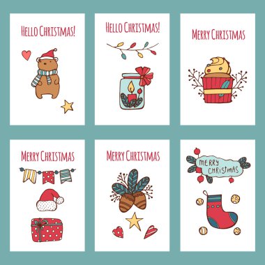 Vektör Merry Christmas tebrik kartları ve davetiyeler arka plan üzerinde izole. Büyük ile sevimli Noel ağacı, Noel Baba, ayarla el hediye ve garland çizilmiş tasarımlar. Vektör öğeleri Xmas tasarımı için.