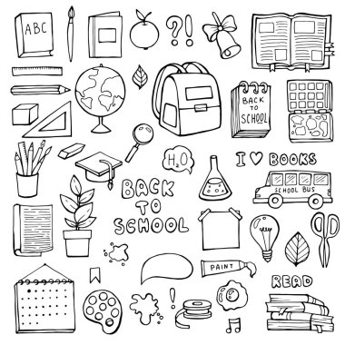 Okula dönüş. Eğitim öğeleri. Vektör ayarla el Drawn Doodle okul malzemeleri.