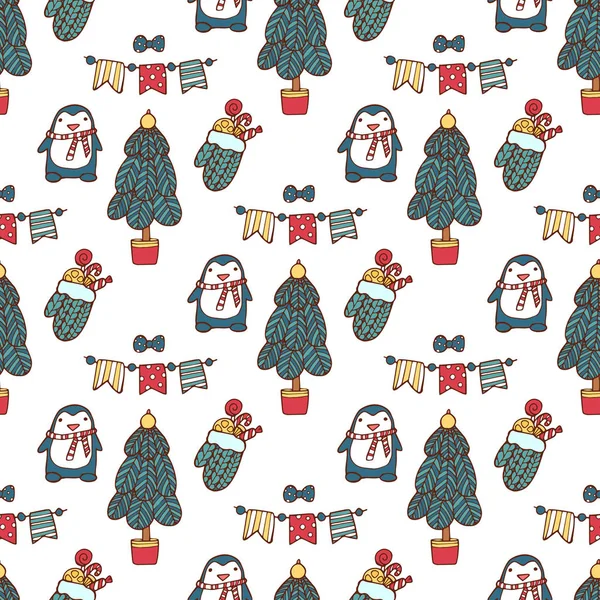 Weihnachtsbaum Vektor nahtlose Muster Weihnachtsgeschenk-Design. Niedlicher Pinguin. Vektorillustration für Ihr Webdesign. — Stockvektor