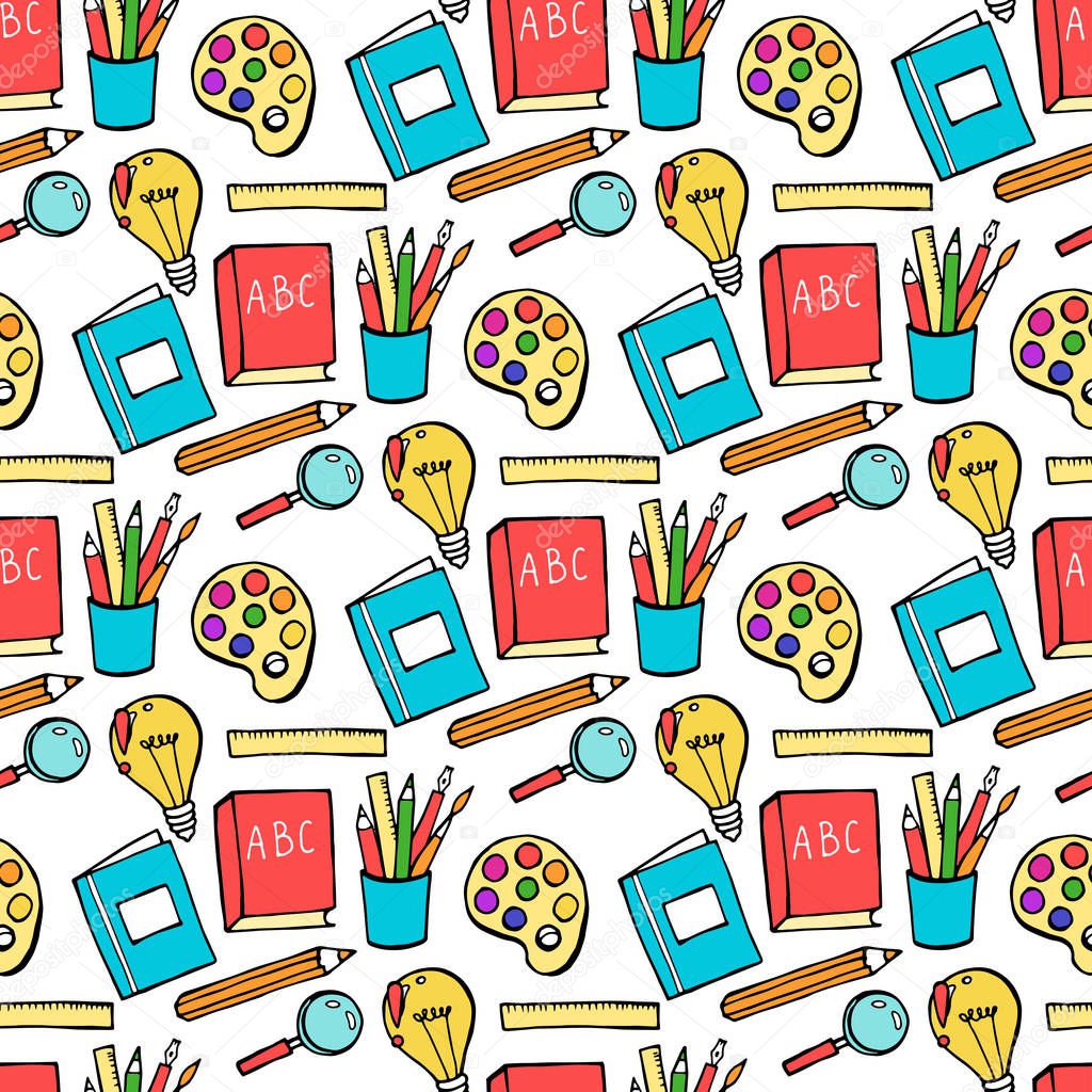Seamless colored back to school pattern with supplies stationary and creative elements. Colorful fun cute vector line background.