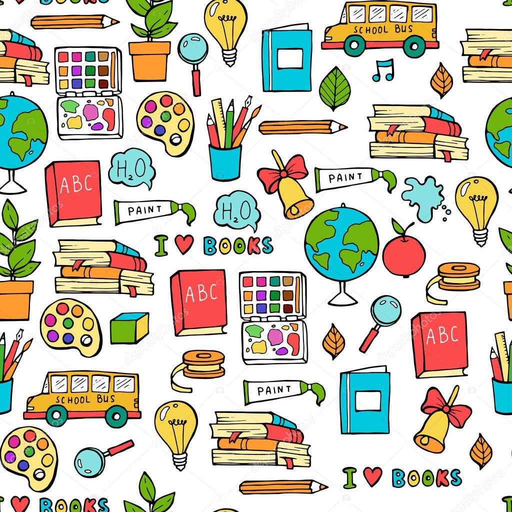 Seamless colored back to school pattern with supplies stationary and creative elements. Colorful fun cute vector line background.