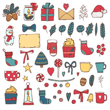Renkli vektör elle çizilmiş doodle çizgi film dizi yeni yıl ve Noel nesneler ve simgeler. Noel geliyor. Baskı tasarımı için.