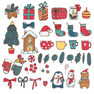 Renkli vektör elle çizilmiş doodle çizgi film dizi yeni yıl ve Noel nesneler ve simgeler. Noel geliyor. Baskı tasarımı için.