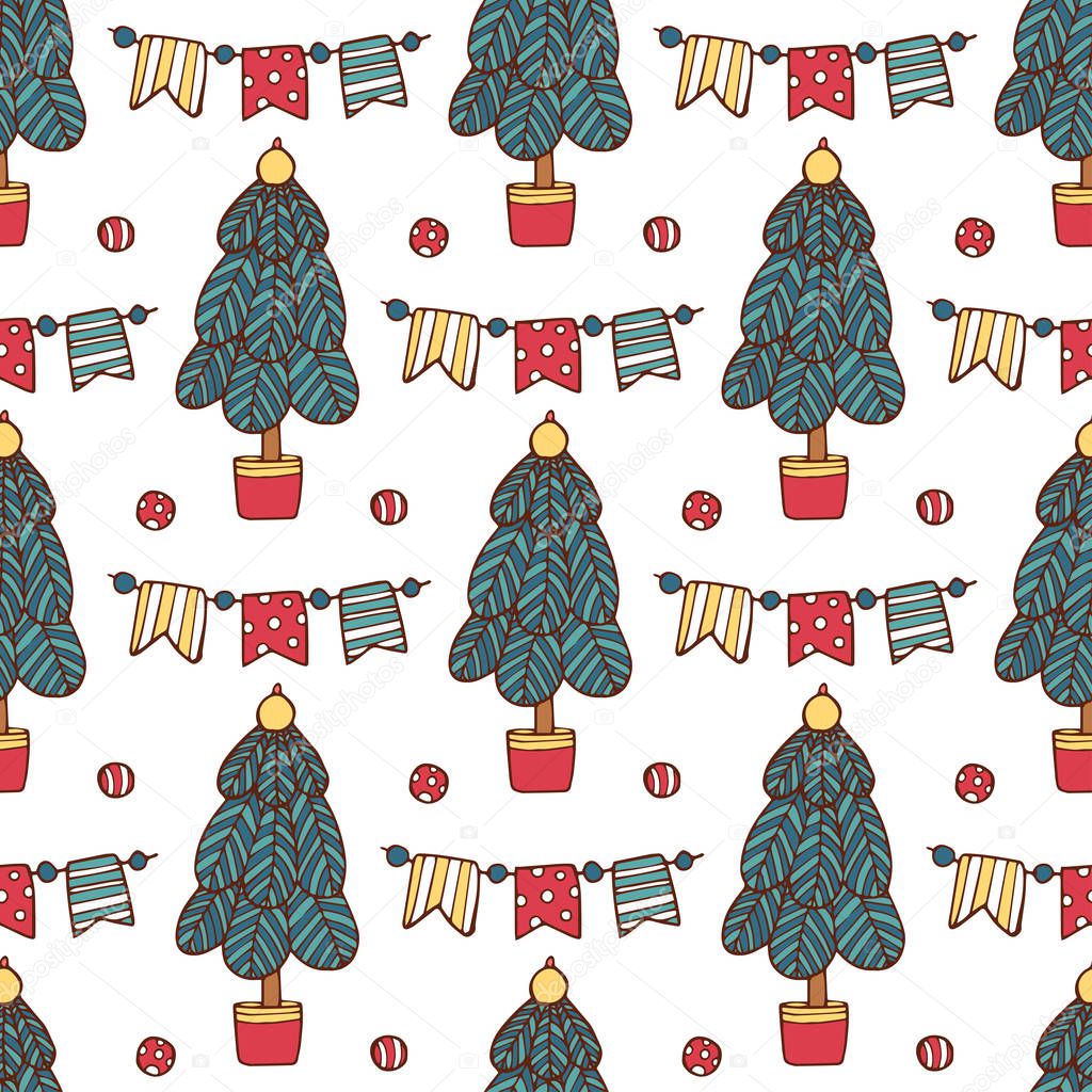 Seamless Christmas pattern with Santa clause, deer, tree, decoration, snowflakes and boxes. vector illustration. Xmas coming.