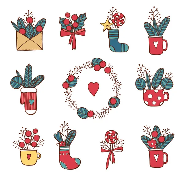 Winter, New Year, Christmas colored icons set .Many different decorative elements for winter holidays for design. Trendy flat style.Doodle sketch in style of child 's hand drawing. Вектор — стоковый вектор