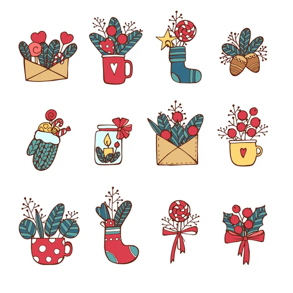 Winter, New Year, Christmas colored icons set .Many different decorative elements for winter holidays for design. Trendy flat style.Doodle sketch in style of child 's hand drawing. Вектор — стоковый вектор