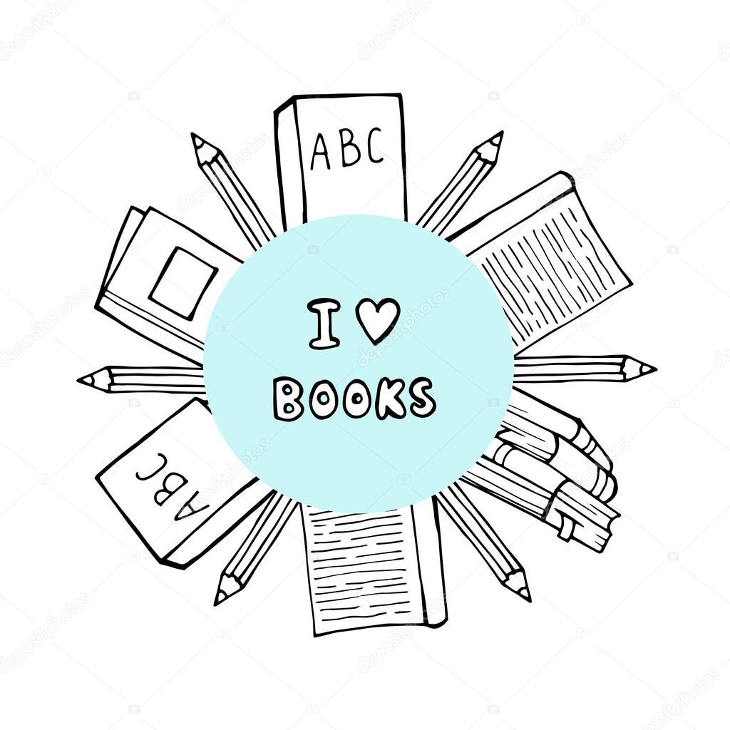 Pile of books and coffee or tea cup with heart symbols. I love reading concept for libraries, book stores, festivals, fairs and schools. Line icon. Vector illustration isolated on white