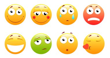Gözlük, kızgın, üzgün, mutlu ifade gülümseyen surat. Sarı yüz duygularla. Yüz ifadesi. 3D gerçekçi emoji. Komik çizgi film karakteri. Ruh hali. Web simgesi. Vektör çizim.
