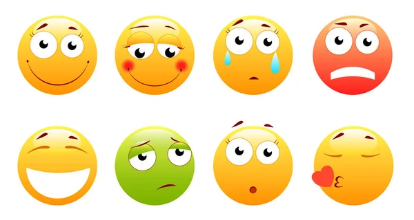 Smiley med glasögon, leende arg, ledsen, glad smiley. Gula ansikte med känslor. Ansiktsuttryck. 3D realistiska emoji. Rolig tecknad karaktär. Humör. Web-ikonen. Vektorillustration. — Stock vektor