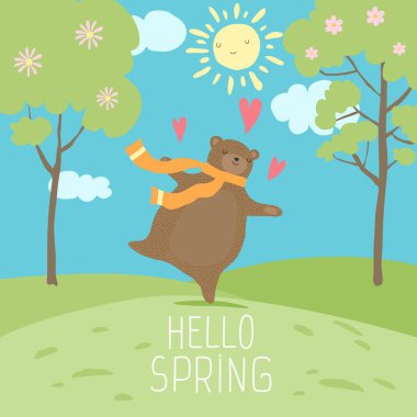 Merhaba Bahar Orman manzara. Sevimli ayı aşk bahar, güneşli zaman, Yeşil taze çimenlerin üzerinde dans.