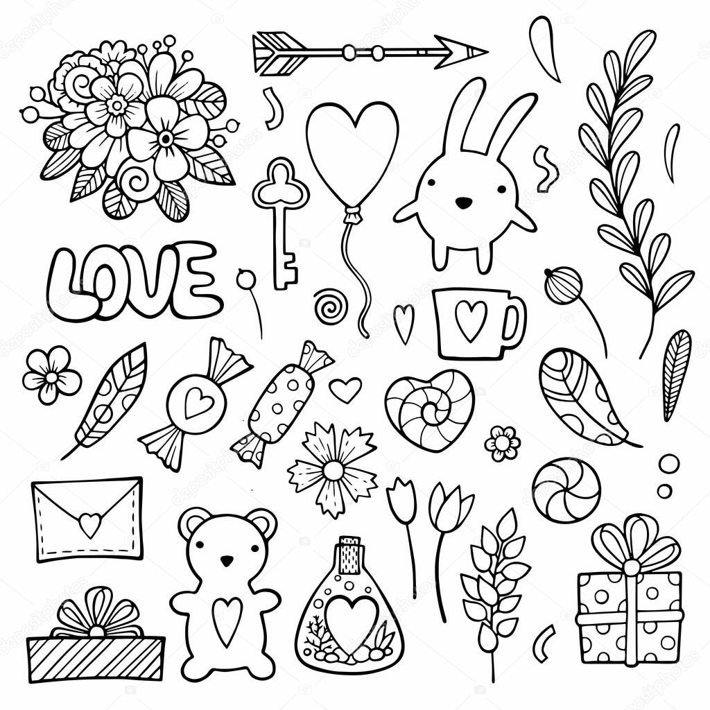 Set of hand drawn doodle love elements for wedding, Valentines Day card, sticker, stamp design. Vector illustration with heart, love, speech bubble, arrow, lettering text. Hand drawn sketch style.