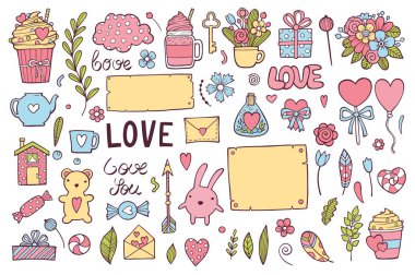 Sevgililer Günü temalı karalama seti. Geleneksel romantik semboller kalp şekilleri, aşk tanrısı, oklar, hediye kutusu, tatlılar, güvercinler, kuğular, restoran masası, şampanya aşk mektupları Freehand vektörü çizimi