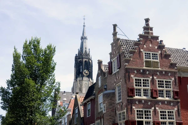 Eglise Maisons Delft Avec Des Pignons Typiquement Néerlandais — Photo