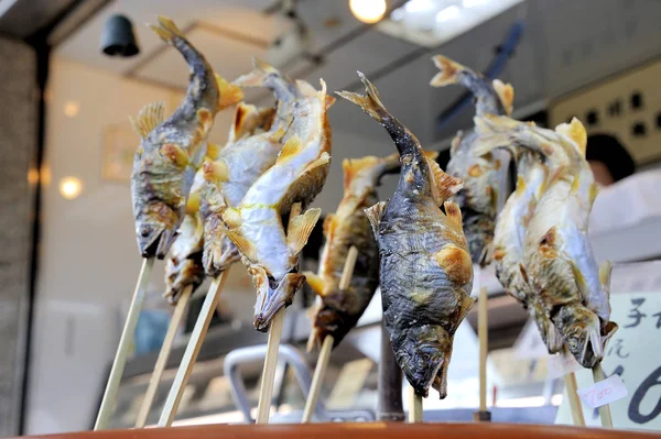 Prepared Fish Attached Bamboo Sticks Food Court Japan — Stock Photo, Image