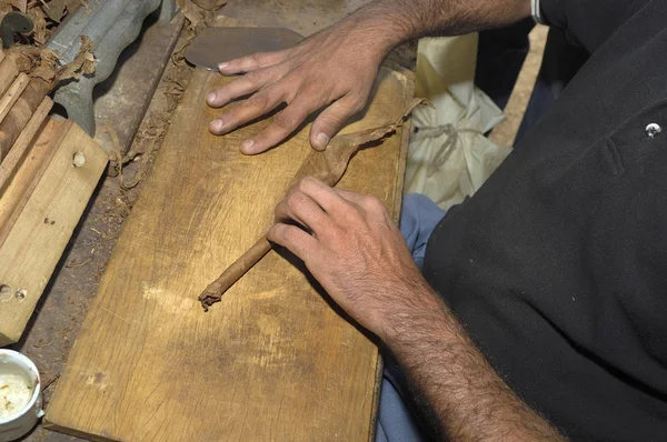 Closeup Hands Making Cigar Tobacco Leaves Traditional Manufacture Cigars Cuba — Stock Photo, Image