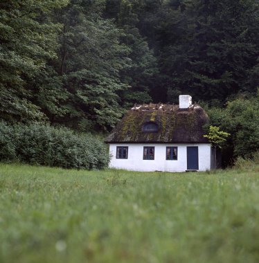 Hobro, Danemark - Aaugust 21,2017: Küçük orman ağaçları ile çevrili saman çatı ile evde