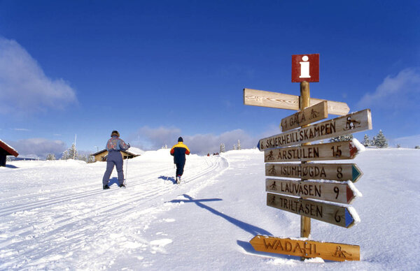 Norway two langlaufers tracking through the snowfields