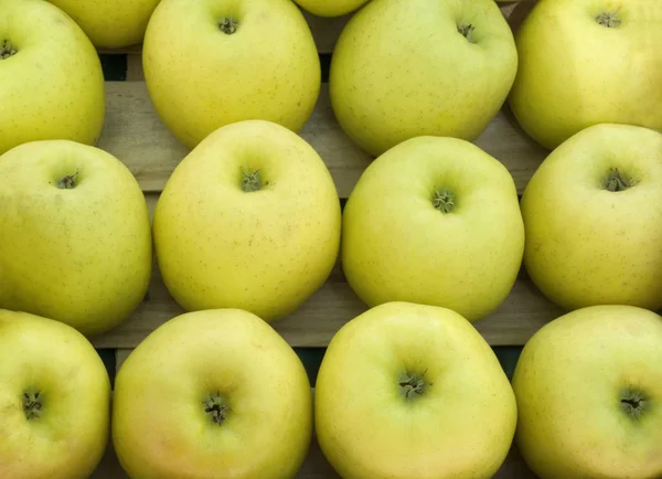 Gouden heerlijke appels op een markt kraam — Stockfoto