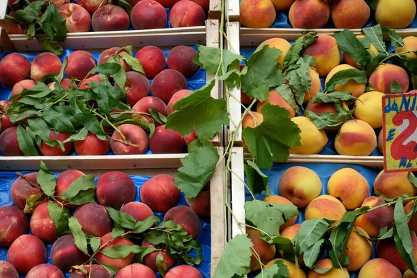 Close Peaches Greengrocer — Stock Photo, Image