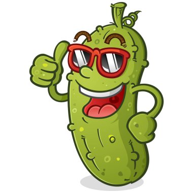Güneş gözlüğü takıyor ve giving bir hevesli Thumbs Up kötü bir tutum ile bir Groovy turşu çizgi film karakteri