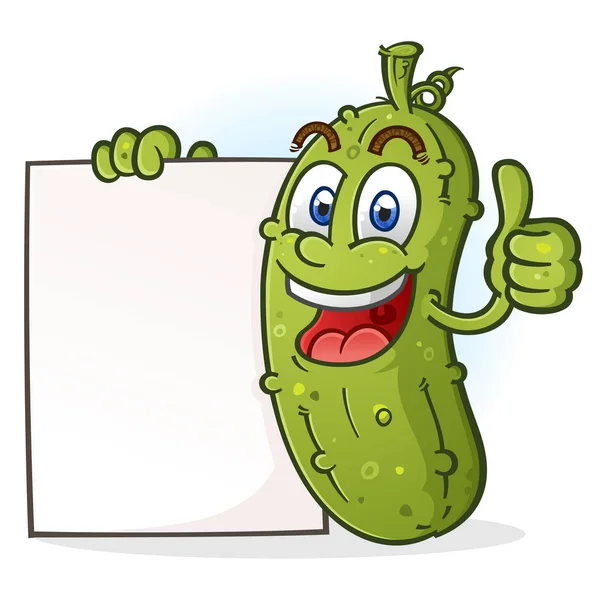 Happy Green Pickle Cartoon Character Giving Thumbs Holding White Sign — Stock Vector