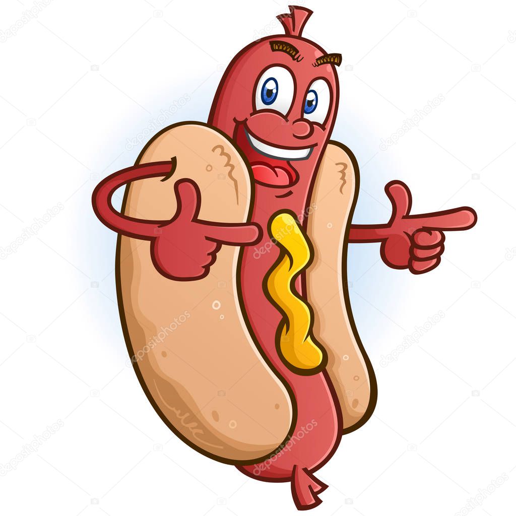 A smiling hot dog cartoon character mascot in a bun pointing both of his fingers to the right