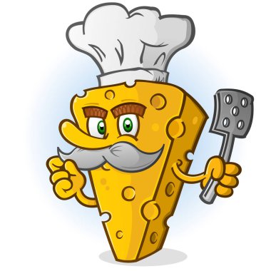 Bıyıklı bir Spatula tutan peynir Şef çizgi film karakteri