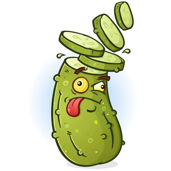Una Mascota Pickle Cartoon Cortando Cabeza Trozos Eneldo Círculo — Archivo Imágenes Vectoriales