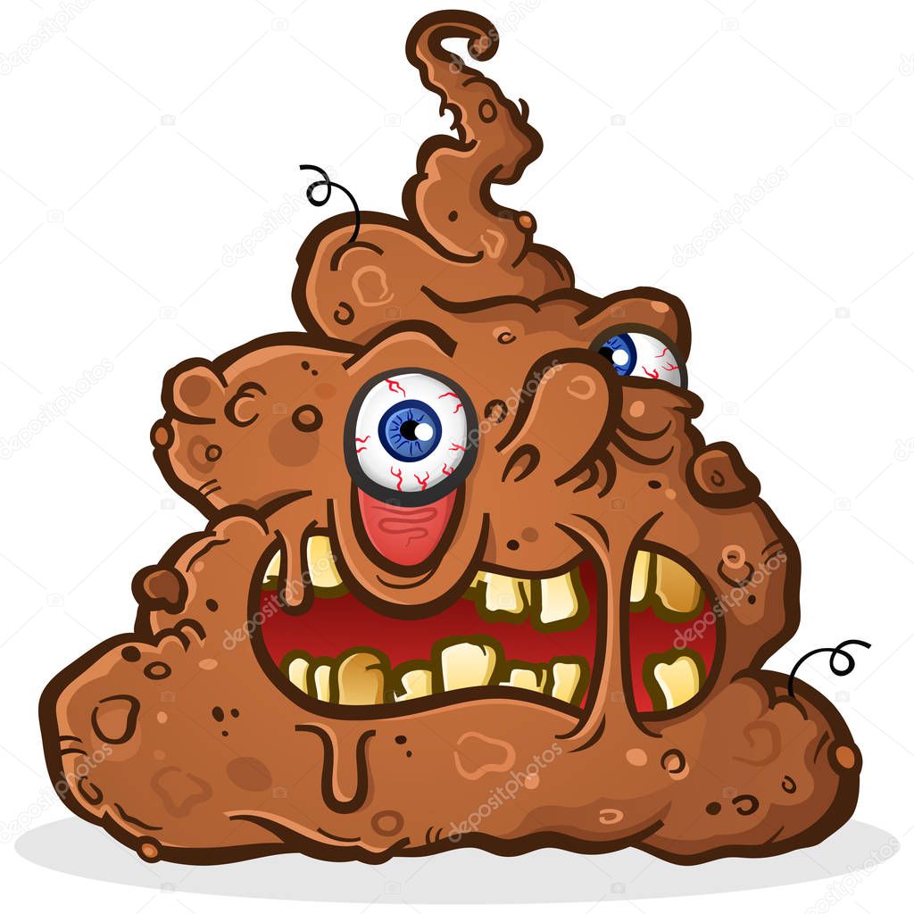 A creepy brown poop monster with a disgusting melting face and bulging eyeballs