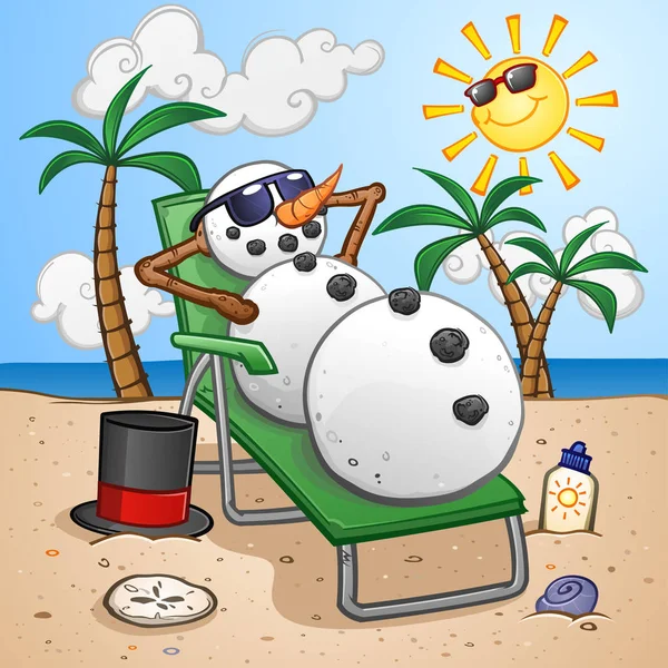 Muñeco Nieve Vacaciones Los Trópicos Tomando Sol Playa — Archivo Imágenes Vectoriales