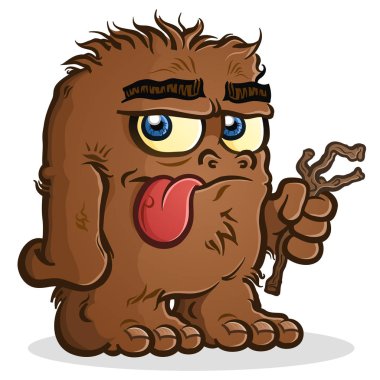 Kahverengi tüylü bigfoot ayakta soğukkanlı bir ifade ile onun dilini yapışkanlık dışarı ve bir sopa tutan
