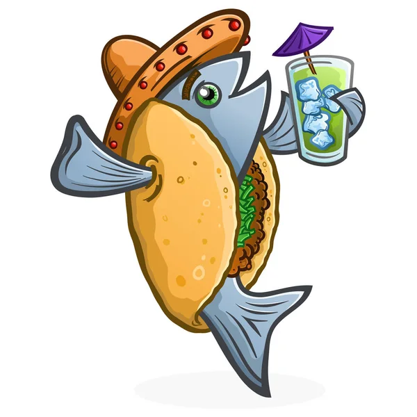 Fish Taco Cartoon Character Holding Tropical Drink — Stock Vector