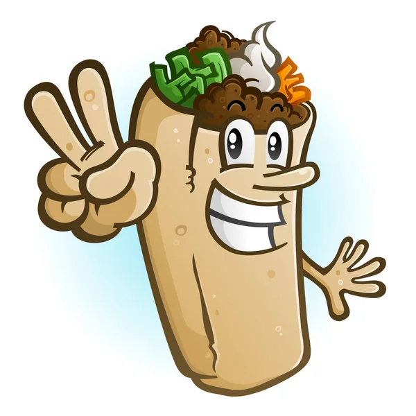 Alegre Burrito Ilustración Personaje Dibujos Animados Vector Sosteniendo Gesto Dos — Vector de stock