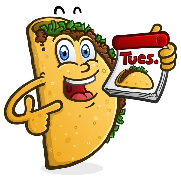 Feliz Personaje Dibujos Animados Sonriente Taco Sosteniendo Calendario Para Martes — Vector de stock