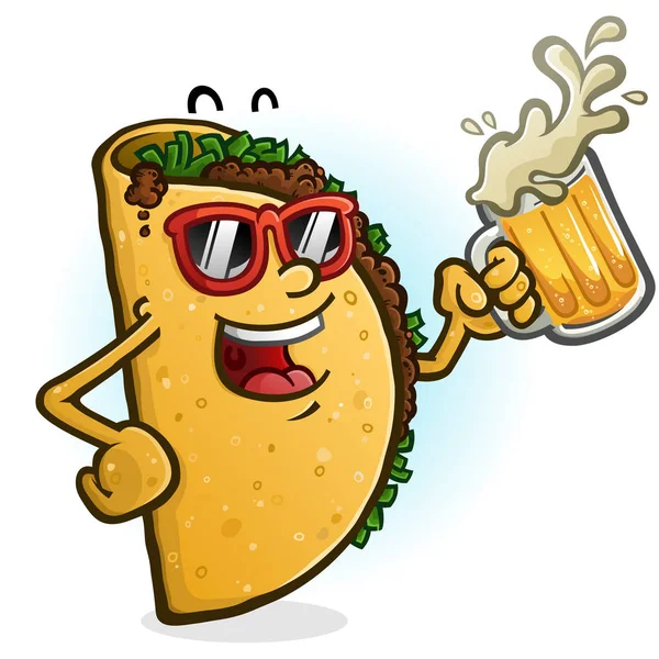 Sebuah Karakter Taco Kartun Ceria Berpesta Dengan Cangkir Bir Meksiko - Stok Vektor