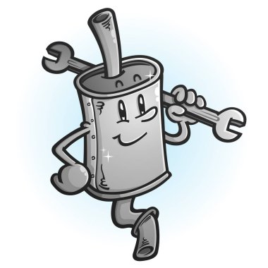 A shiny new muffler cartoon character mechanic holding a large wrench  clipart