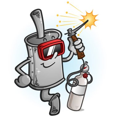 Bir parlak yeni susturucu karikatür maskot güvenlik dişli giyen ve her yerde uçan kıvılcımlar ile bir gaz tankı ile bir kaynak meşalesi kullanarak