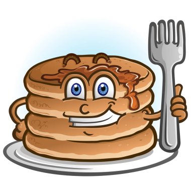 Çatal tutan bir çizgi film karakteri tutan neşeli bir krep ve flapjacks yığını